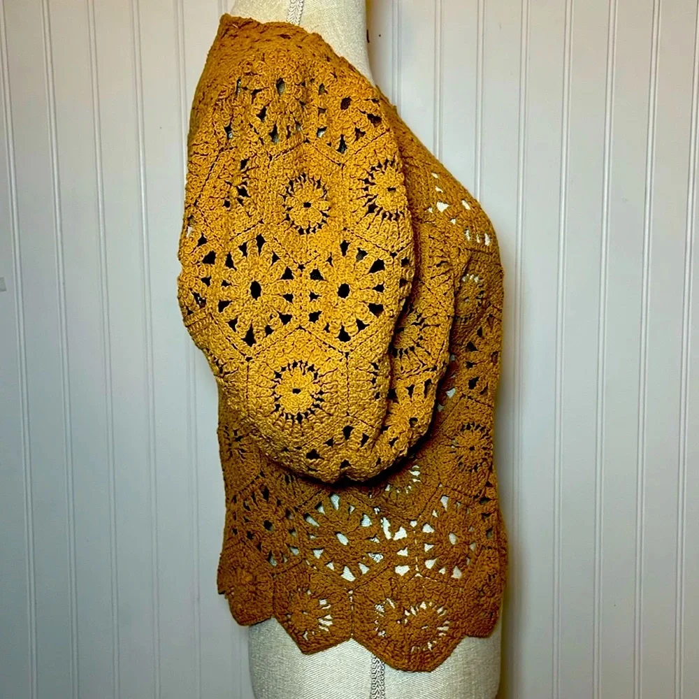 Zara Crochet Puff Sleeve Sweater Top - Rust/Tan/Spice Brown color